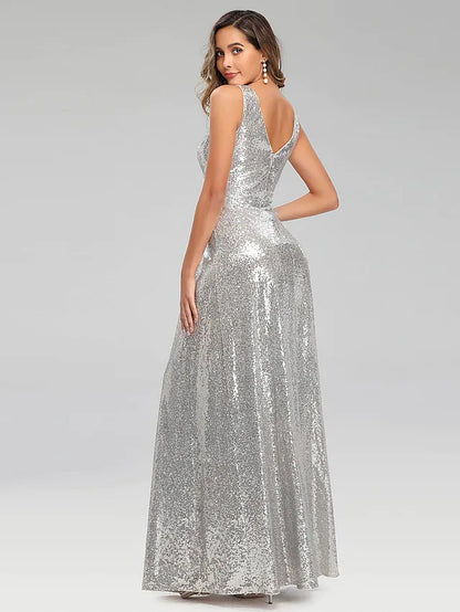 A-Line Prom Dresses Sparkle Dress Wedding Guest Floor Length Sleeveless V Neck Polyester V Back with Sequin