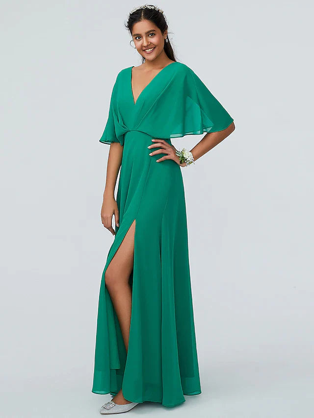 Sheath / Column Bridesmaid Dress V Neck Short Sleeve Sparkle & Shine Floor Length Chiffon with Split Front