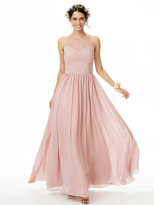 A-Line Bridesmaid Dress Jewel Neck Sleeveless See Through Floor Length Chiffon / Lace with Lace / Criss Cross / Pleats