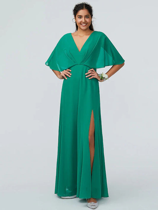 Sheath / Column Bridesmaid Dress V Neck Short Sleeve Sparkle & Shine Floor Length Chiffon with Split Front