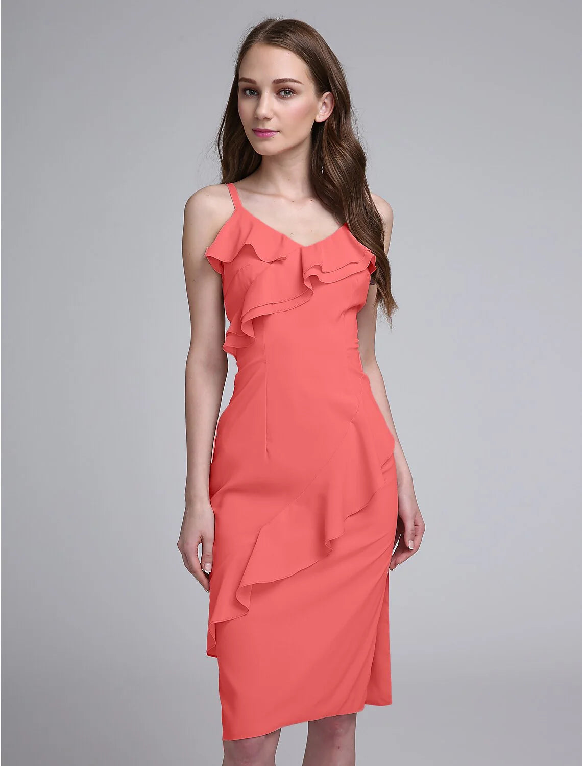 Sheath / Column Bridesmaid Dress Spaghetti Strap Sleeveless Elegant Knee Length Chiffon with Ruffles