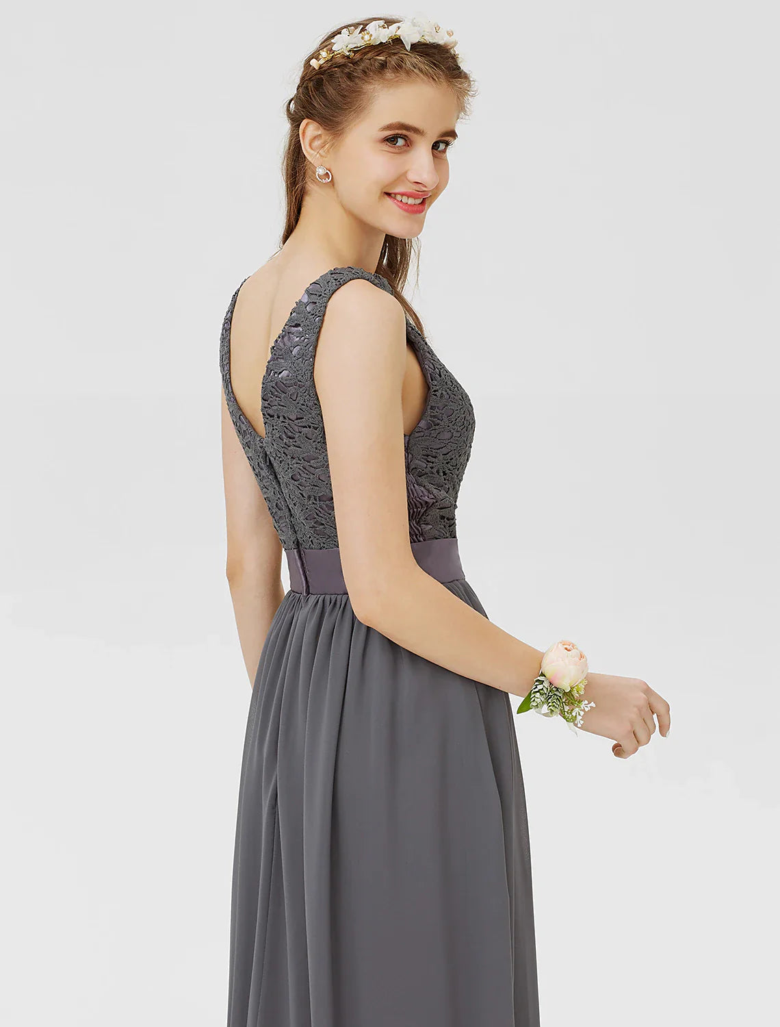 Sheath / Column Bateau Floor Length Chiffon / Floral Lace Bridesmaid Dress with Lace / Sash / Ribbon / Pleats