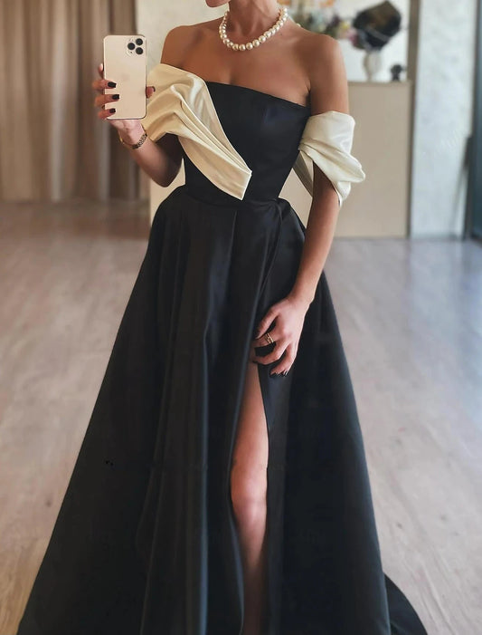 A-Line Evening Gown Prom Floor Length Sleeveless Off Shoulder Satin with Ruched Slit