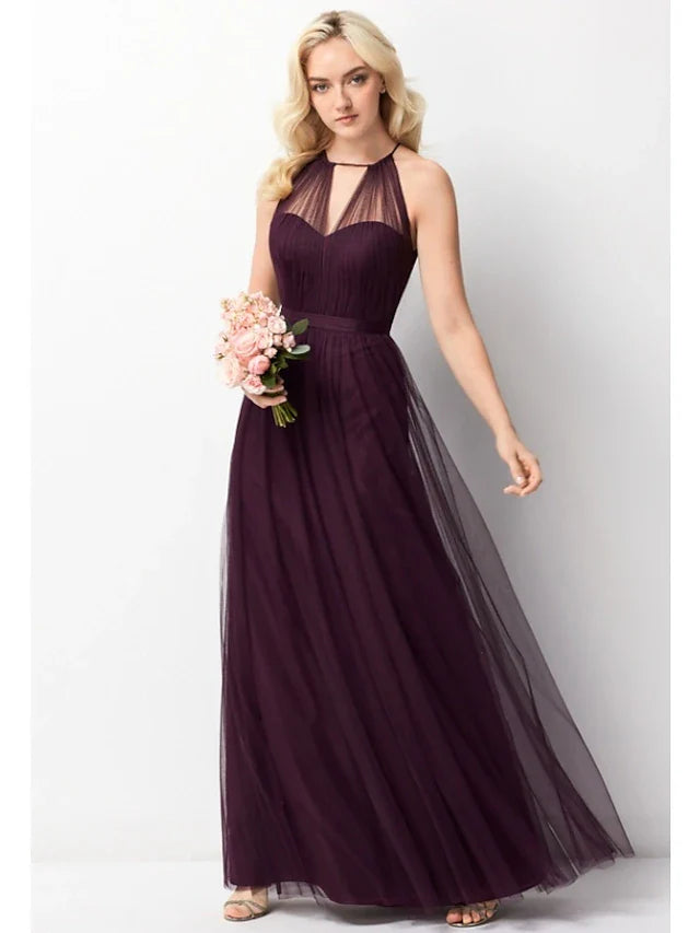 A-Line Bridesmaid Dress Halter Neck Sleeveless Elegant Floor Length Chiffon / Tulle with