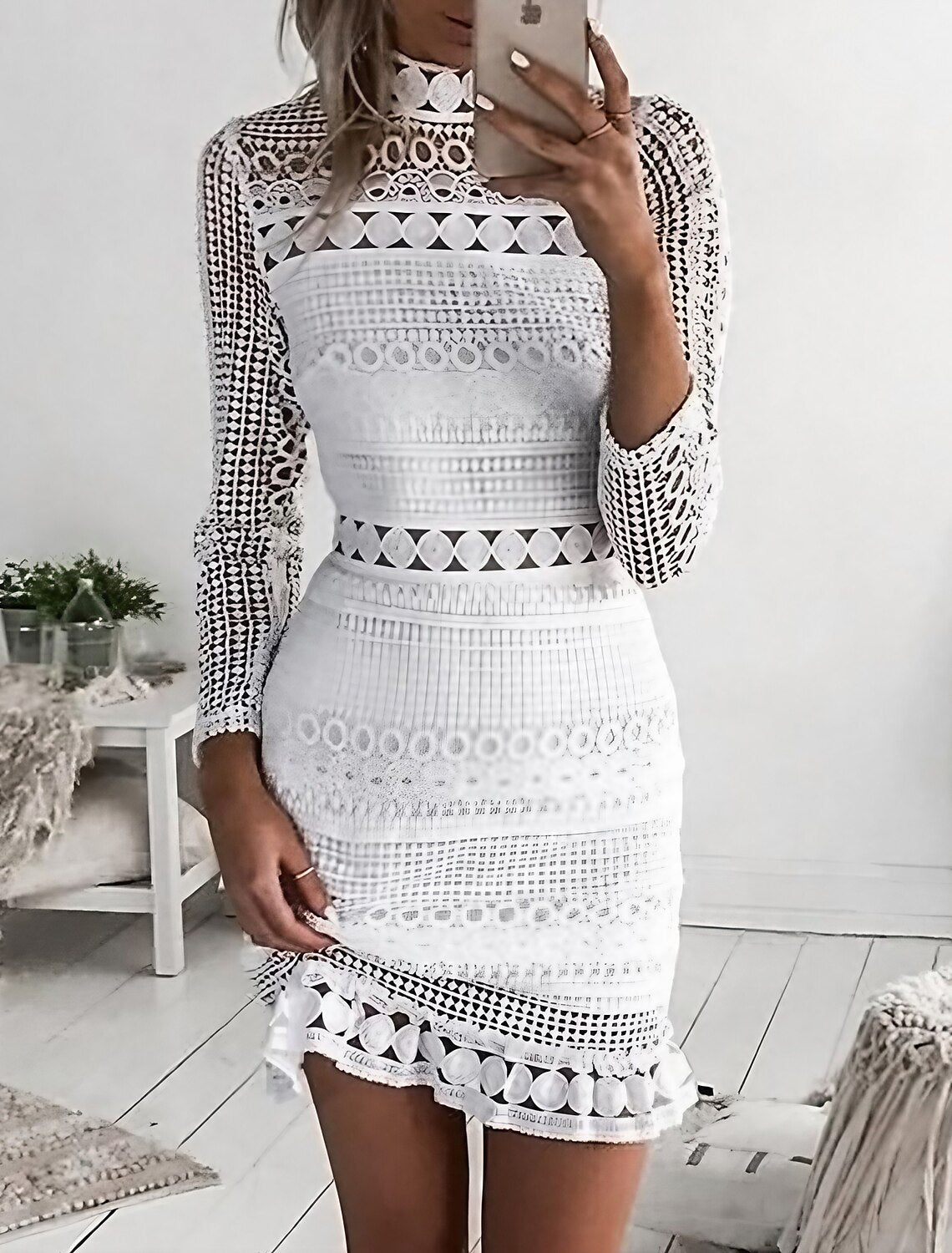 Wedding Guest Dress Homecoming Dress Lace Dress Party Dress Sheath Dress Mini Dress White Long Sleeve Pure Color Lace
