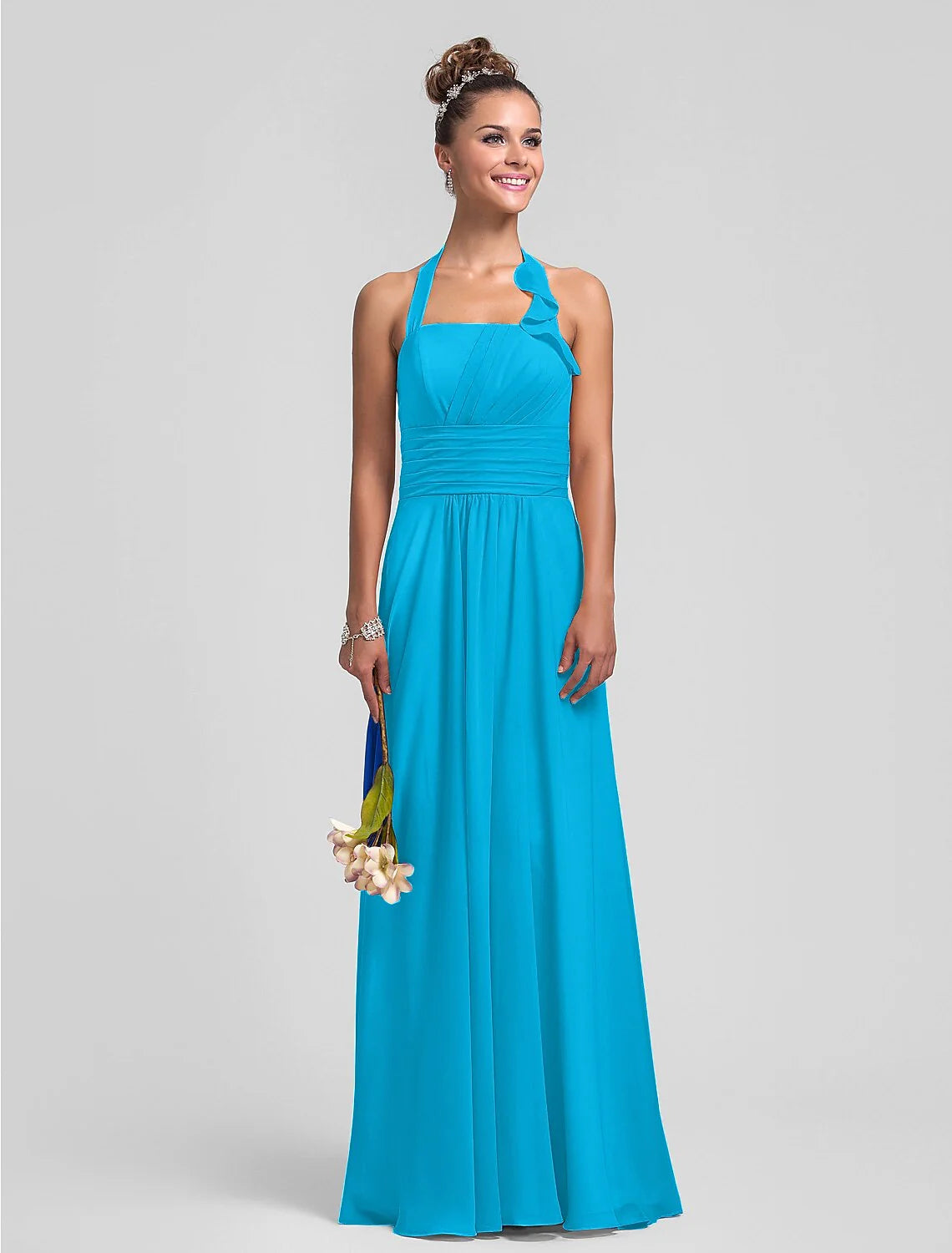 Sheath / Column Bridesmaid Dress Halter Neck Sleeveless Floor Length Chiffon with Pleats / Ruched / Ruffles