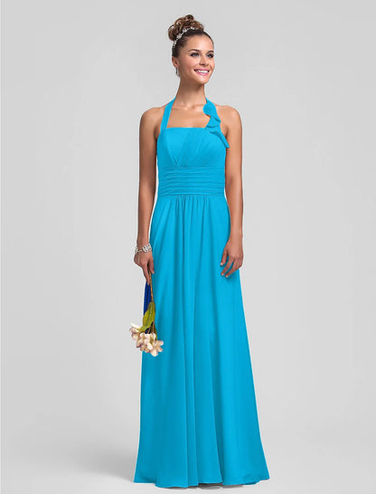 Sheath / Column Bridesmaid Dress Halter Neck Sleeveless Floor Length Chiffon with Pleats / Ruched / Ruffles