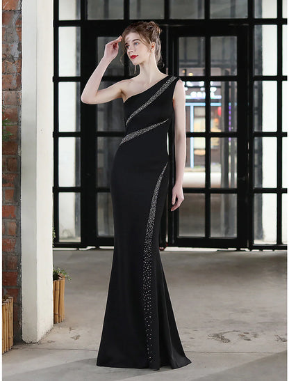 Mermaid / Trumpet Evening Gown Sexy Dress Wedding Guest Formal Evening Floor Length Sleeveless One Shoulder Stretch Satin with Crystals