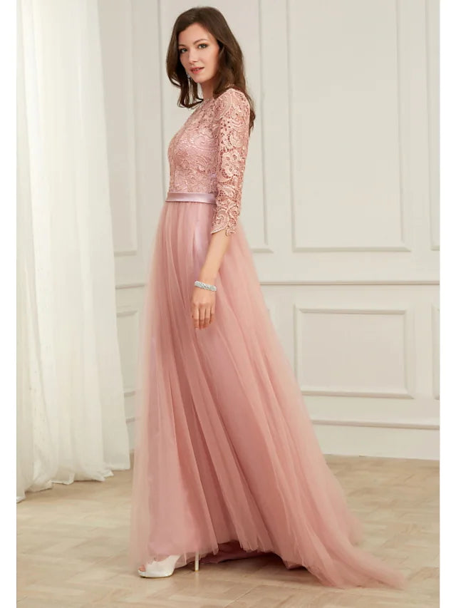 A-Line Evening Gown Spring Dress Party Wear Sweep / Brush Train Long Sleeve Jewel Neck Lace with Appliques