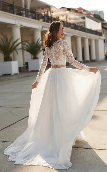 Two Piece Sexy V-neck Bridal Gown Chiffon with Beach Sweep Train Lace Long Sleeve