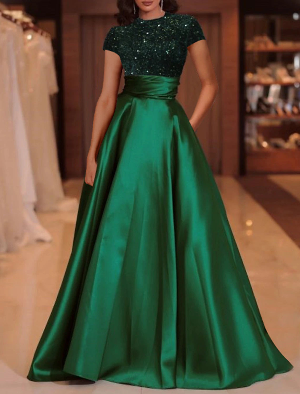 A-Line Evening Gown Elegant Dress Floor Length Short Sleeve High Neck Satin with Sequin