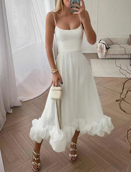 A-Line Party Dresses Tiered Plisse Dress Wedding Guest Party Dress Homecoming Tea Length Sleeveless Spaghetti Strap Polyester with Fringe