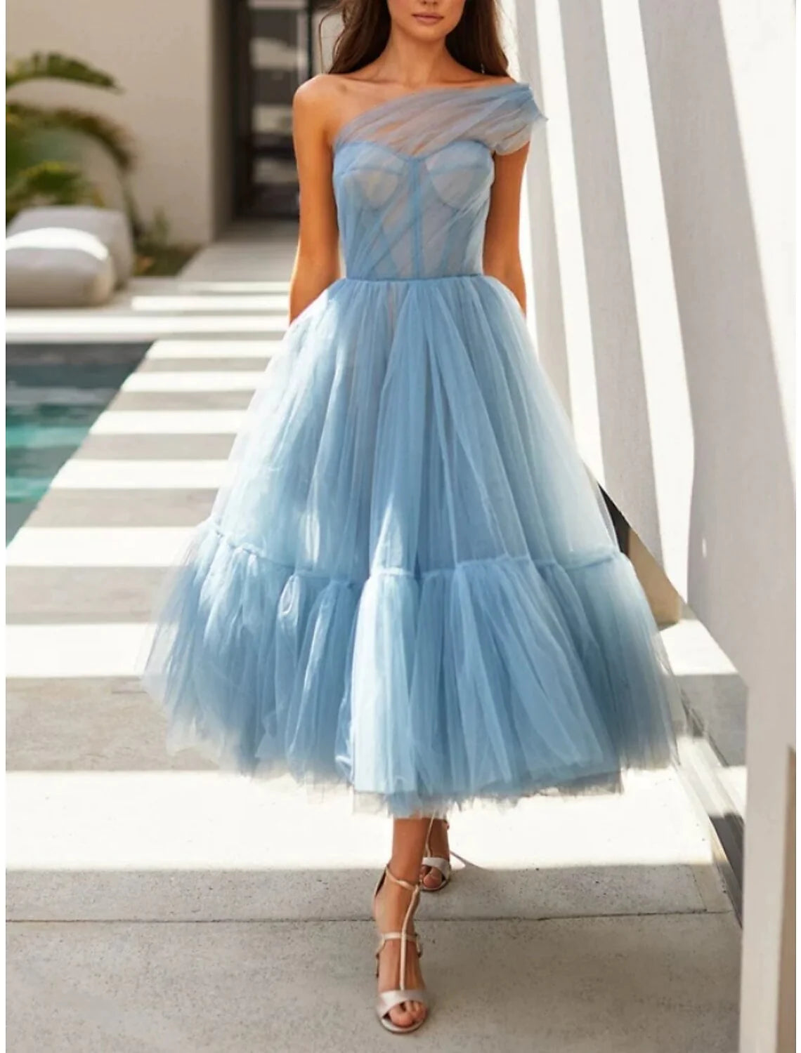 A-Line Prom Dresses Elegant Dress Formal Tea Length Sleeveless One Shoulder Tulle with Pleats