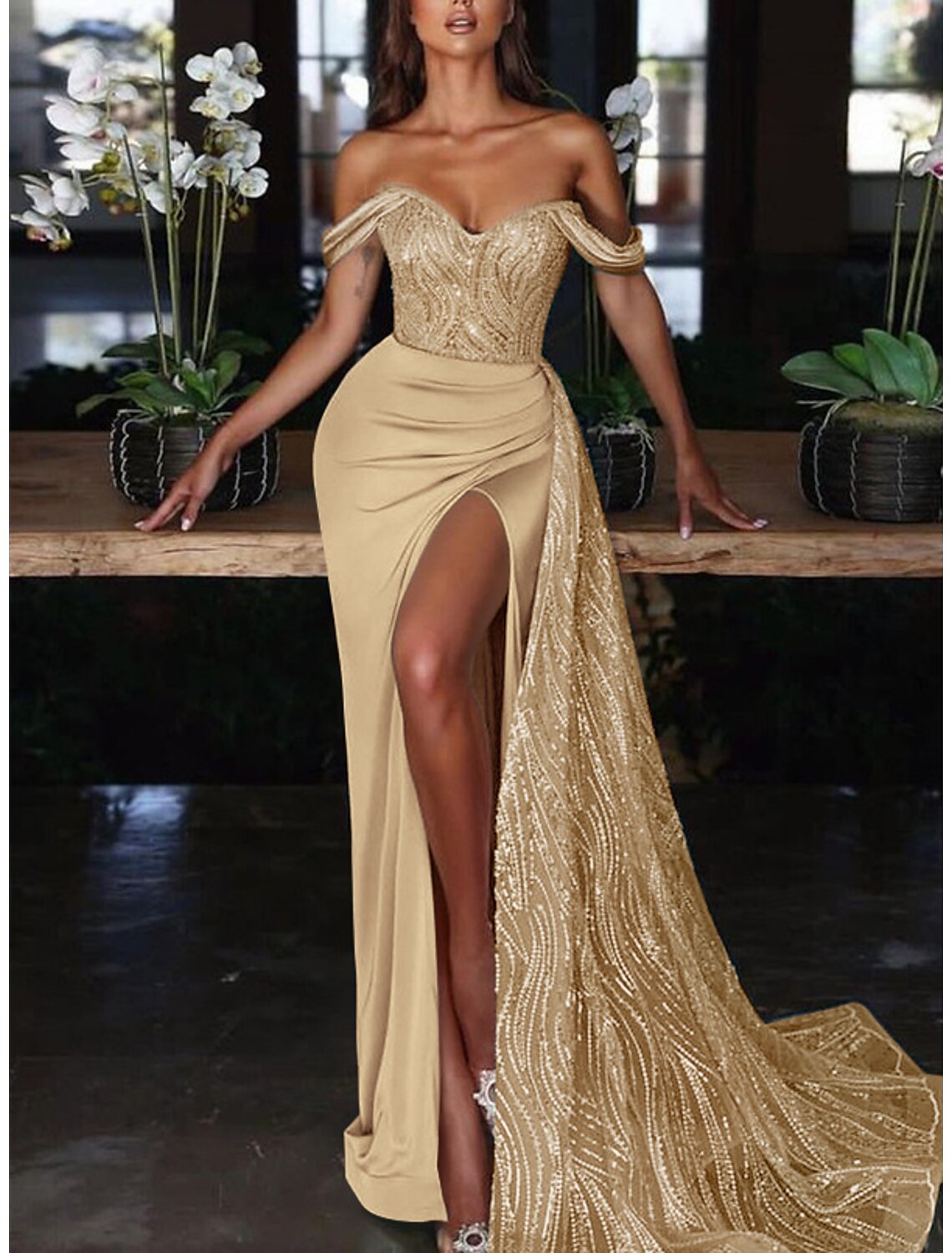 Mermaid Dress Evening Gown  Wedding Guest Court Train Sleeveless Off Shoulder Charmeuse with Ruched Sequin Slit