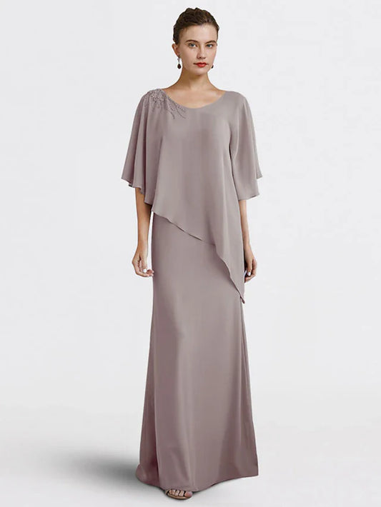 Sheath / Column Mother of the Bride Dress Plus Size Elegant V Neck Floor Length Chiffon Half Sleeve with Beading