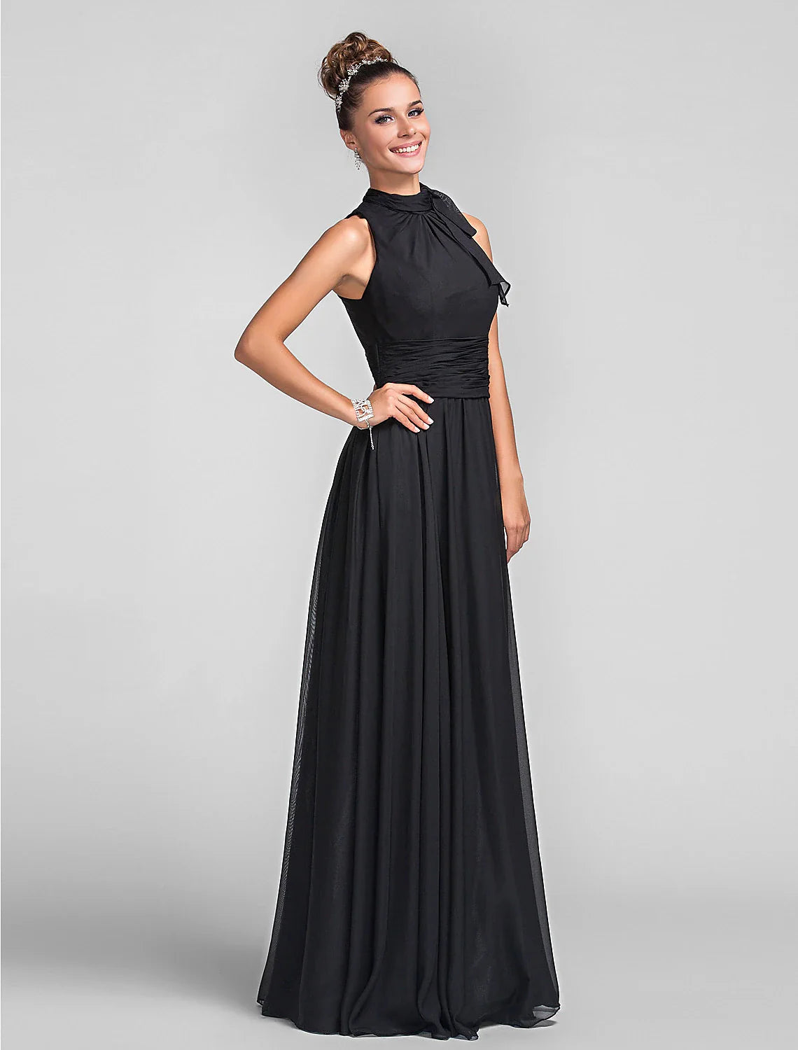 Sheath / Column Bridesmaid Dress High Neck Sleeveless Vintage Inspired Floor Length Chiffon with Ruched / Cascading Ruffles