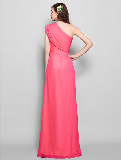 Sheath / Column Bridesmaid Dress One Shoulder Sleeveless Elegant Floor Length Chiffon with Side Draping