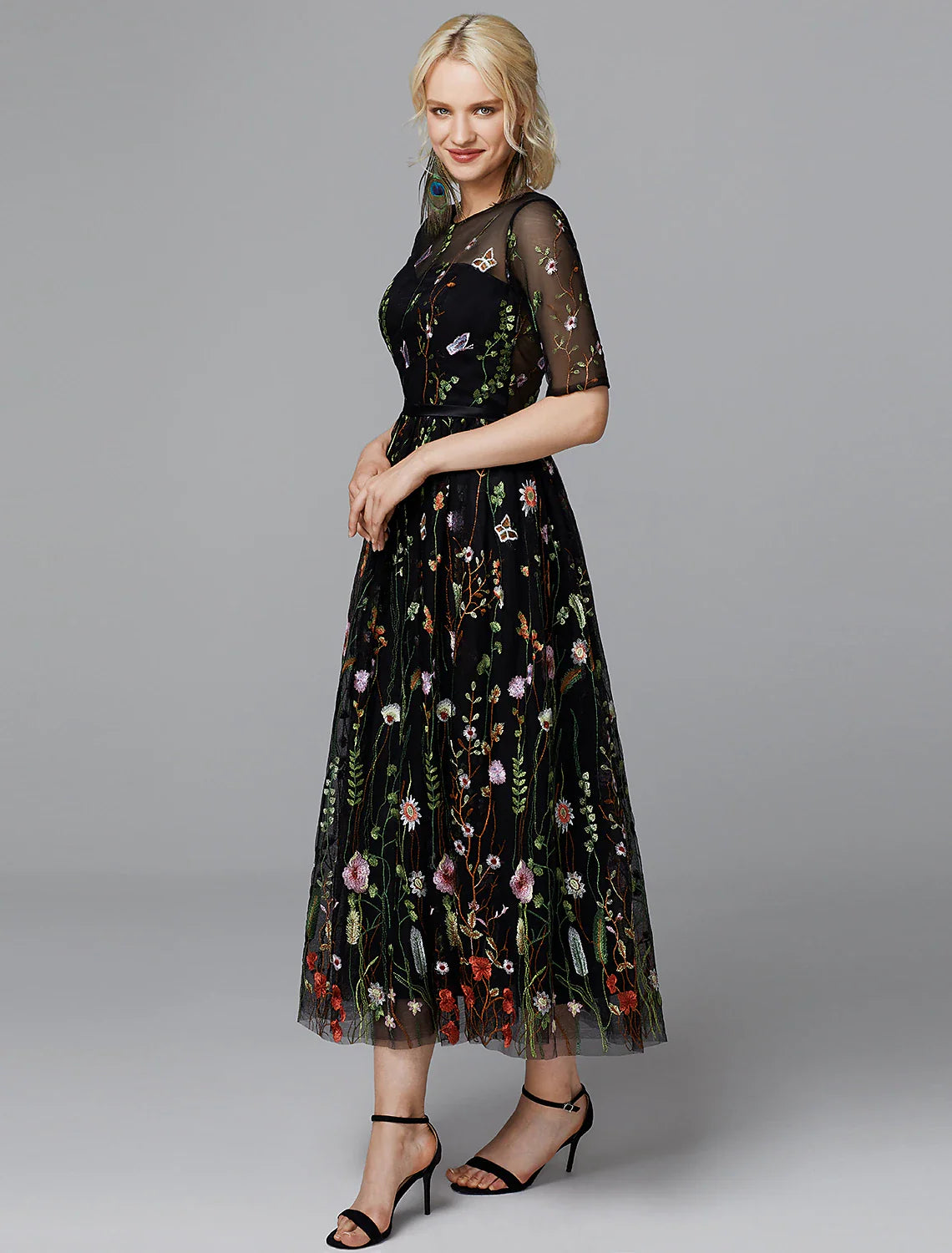 A-Line Floral Dress Holiday Wedding Guest Tea Length Half Sleeve Illusion Neck Lace with Embroidery Appliques