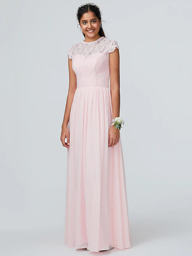 A-Line Bridesmaid Dress Jewel Neck Sleeveless Elegant Floor Length Chiffon with Lace / Sparkle & Shine