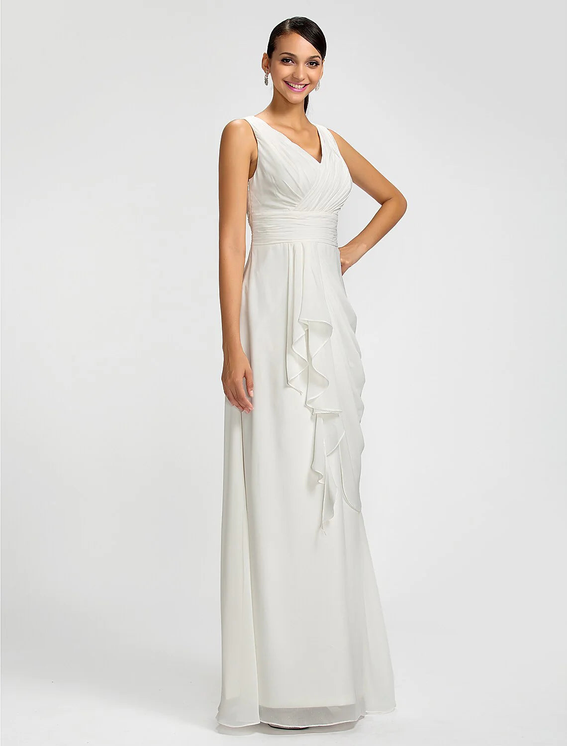 Sheath / Column V Neck Floor Length Chiffon Bridesmaid Dress with Draping / Sash / Ribbon