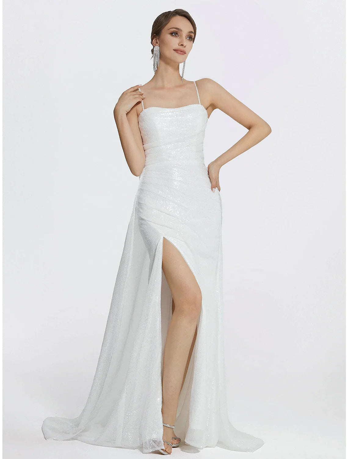 Mermaid / Trumpet Prom Dresses Sparkle Dress Wedding Floor Length Sleeveless Cowl Neck Sequined with Ruched Slit