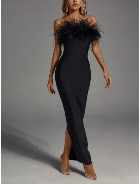 Sheath / Column Black Evening Gowns Elegant Dress Strapless Stretch Fabric with Feather Slit